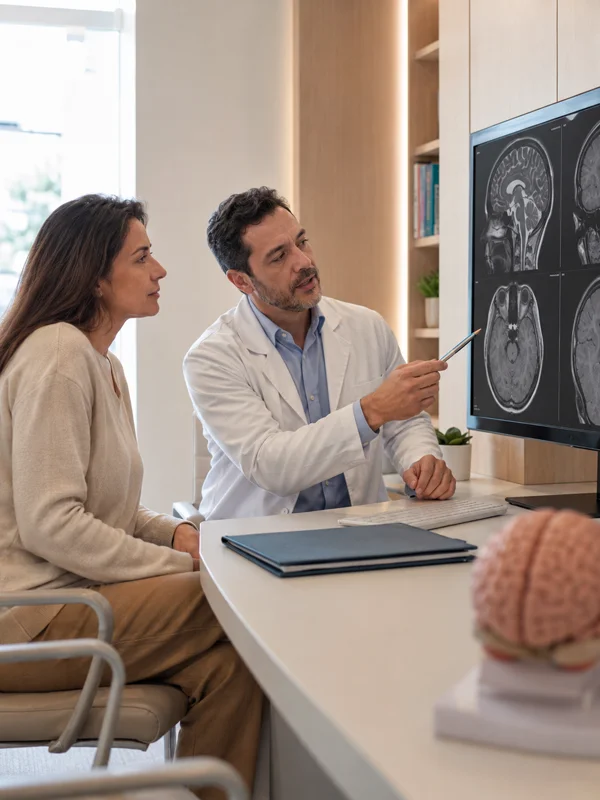 Dr. Leandro Custódio Amaral apontando exame de imagem cerebral durante consulta